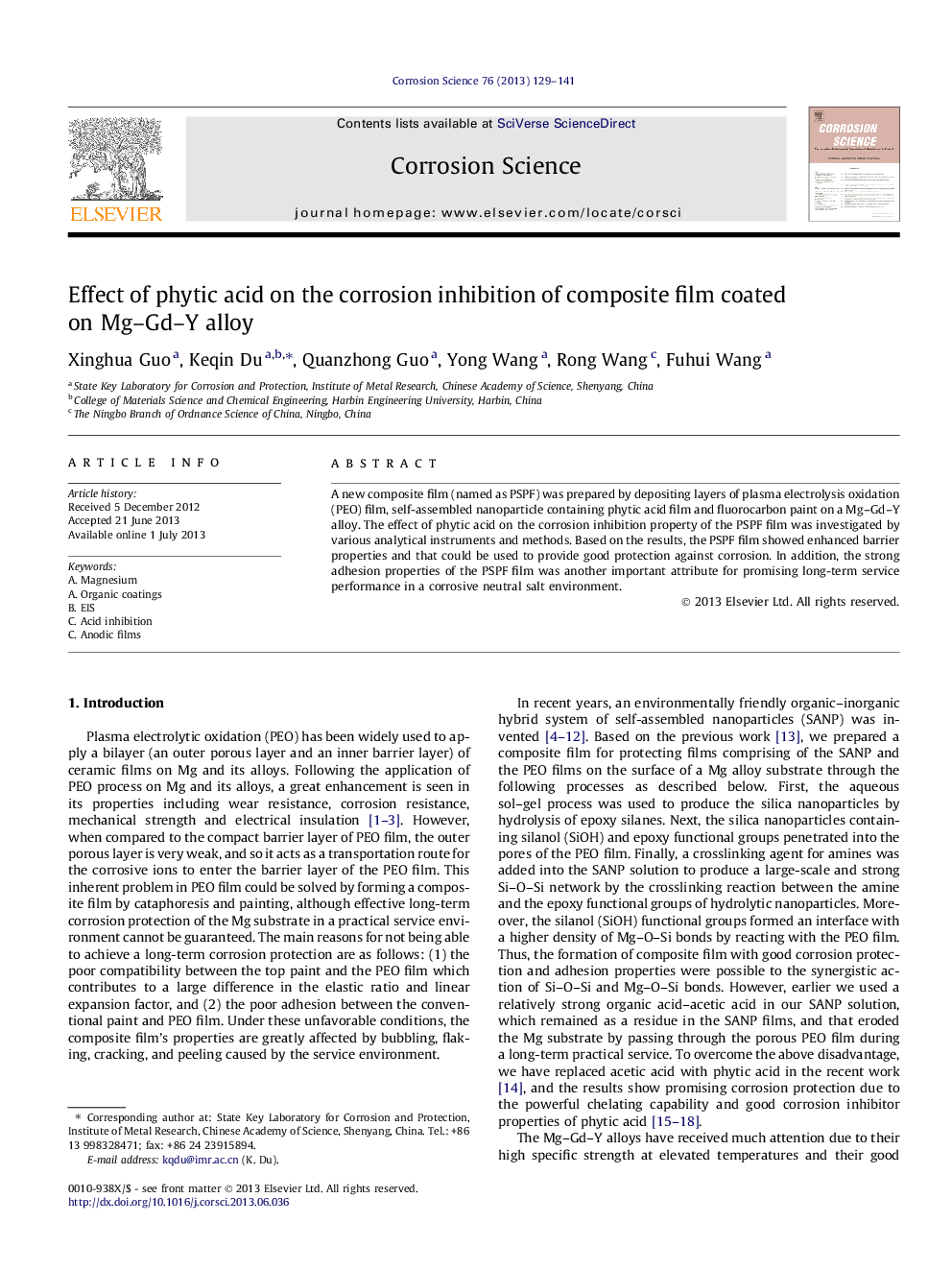 Effect of phytic acid on the corrosion inhibition of composite film coated on Mg–Gd–Y alloy