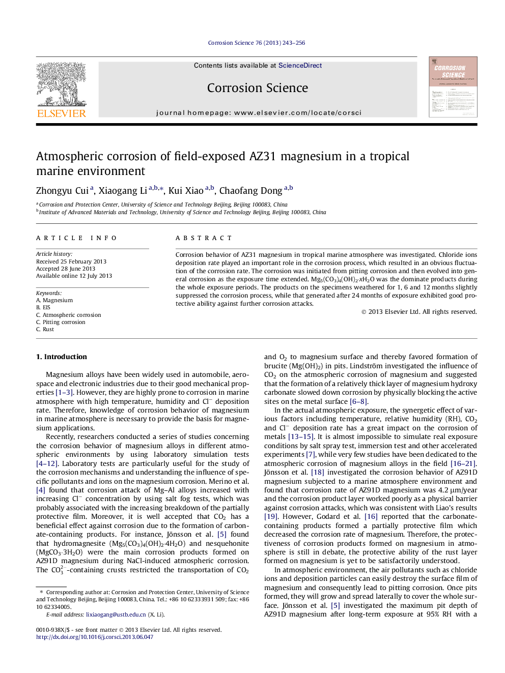 Atmospheric corrosion of field-exposed AZ31 magnesium in a tropical marine environment