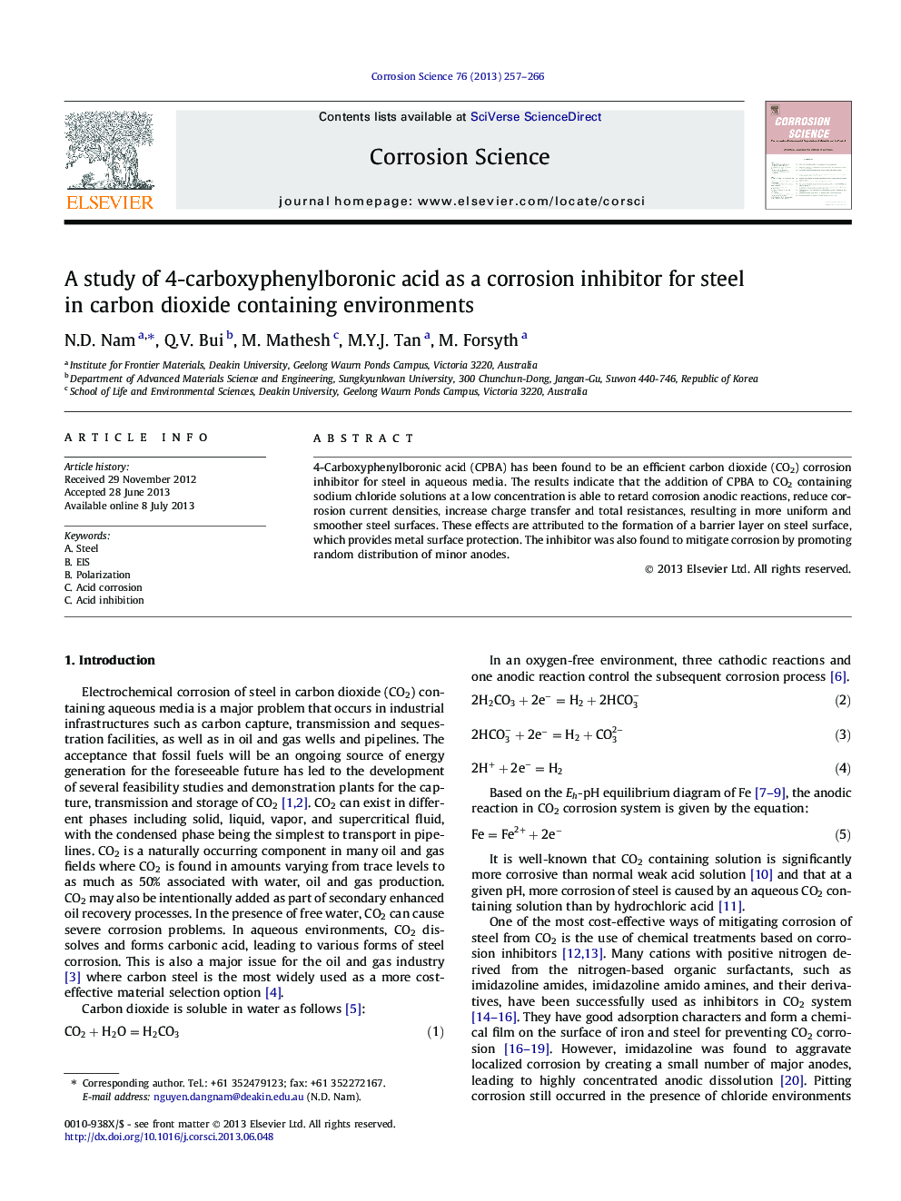 A study of 4-carboxyphenylboronic acid as a corrosion inhibitor for steel in carbon dioxide containing environments