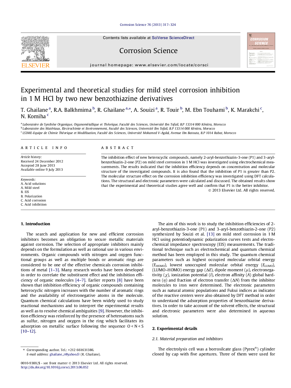 Experimental and theoretical studies for mild steel corrosion inhibition in 1 M HCl by two new benzothiazine derivatives