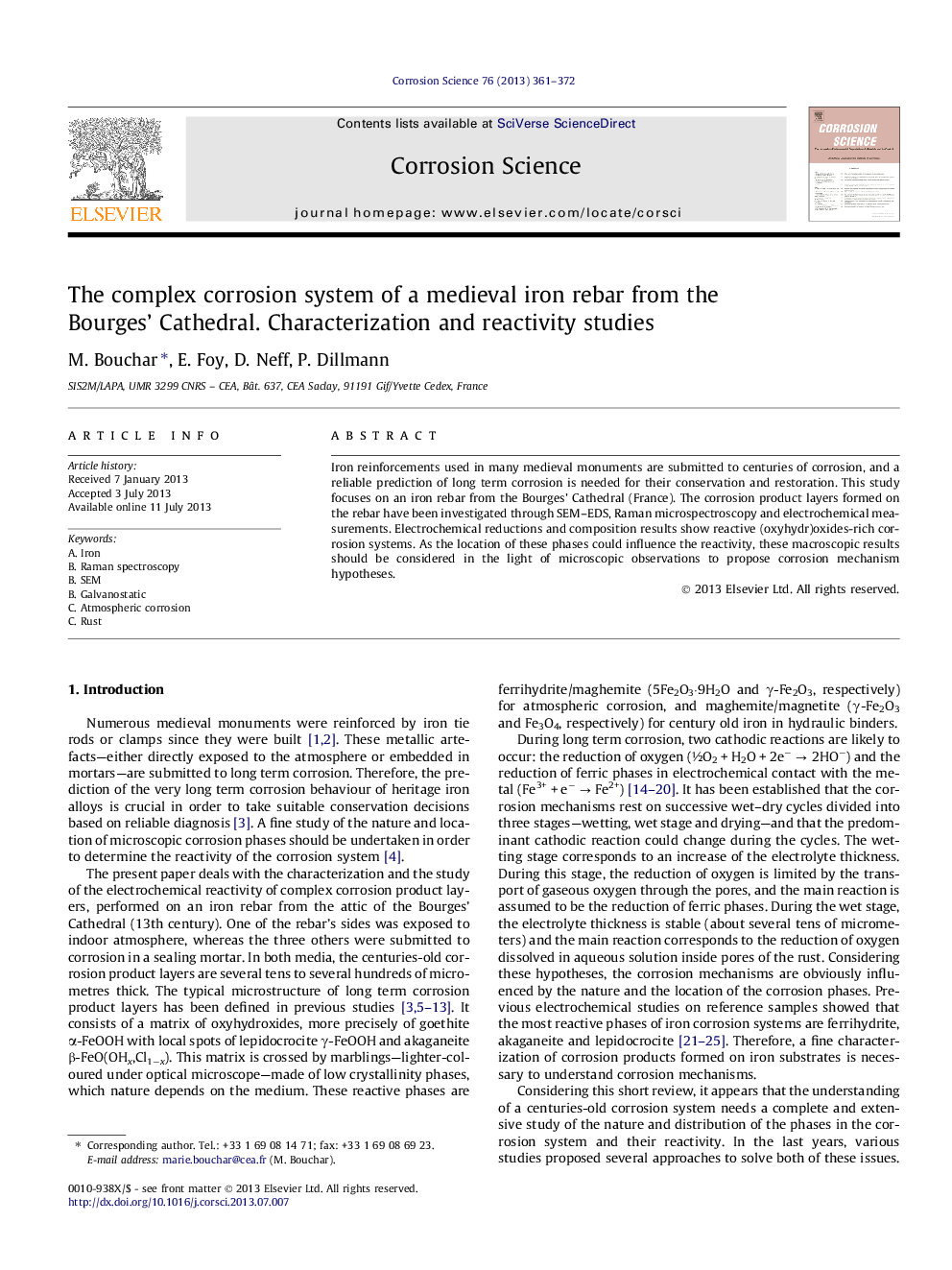 The complex corrosion system of a medieval iron rebar from the Bourges’ Cathedral. Characterization and reactivity studies