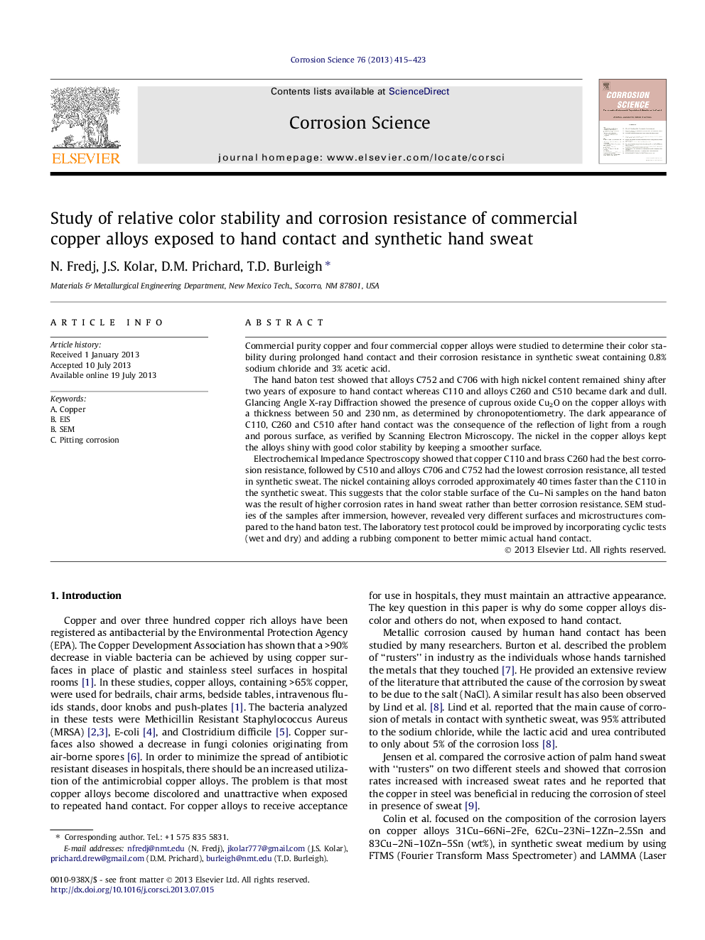 Study of relative color stability and corrosion resistance of commercial copper alloys exposed to hand contact and synthetic hand sweat