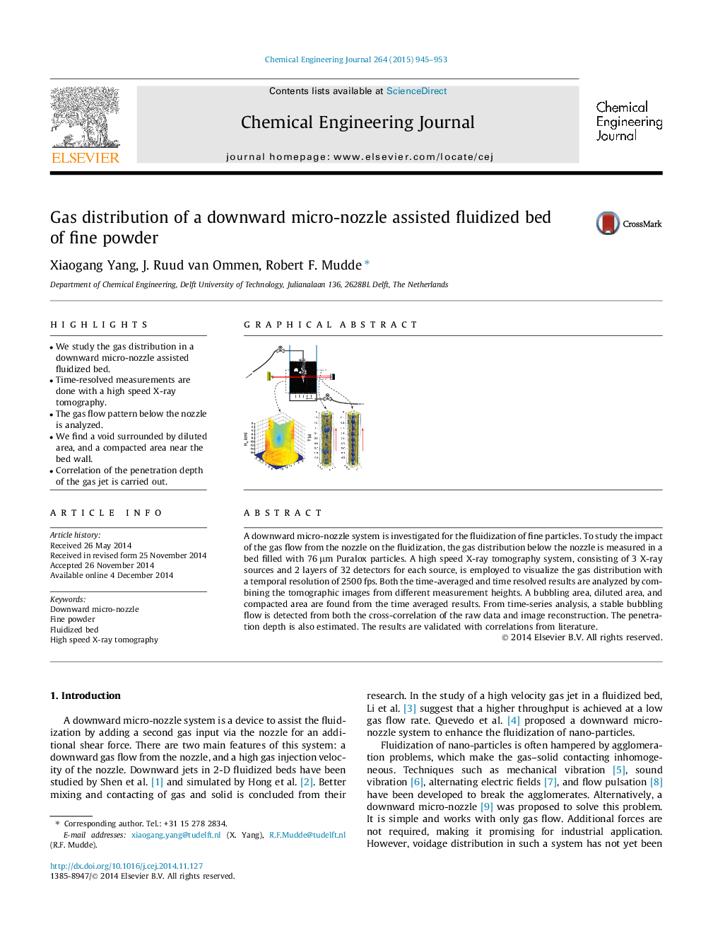 Gas distribution of a downward micro-nozzle assisted fluidized bed of fine powder