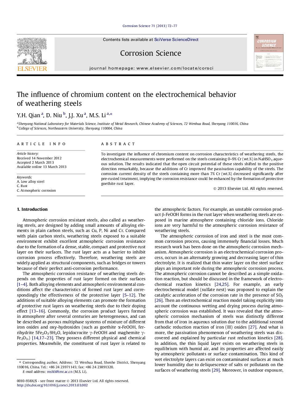 The influence of chromium content on the electrochemical behavior of weathering steels