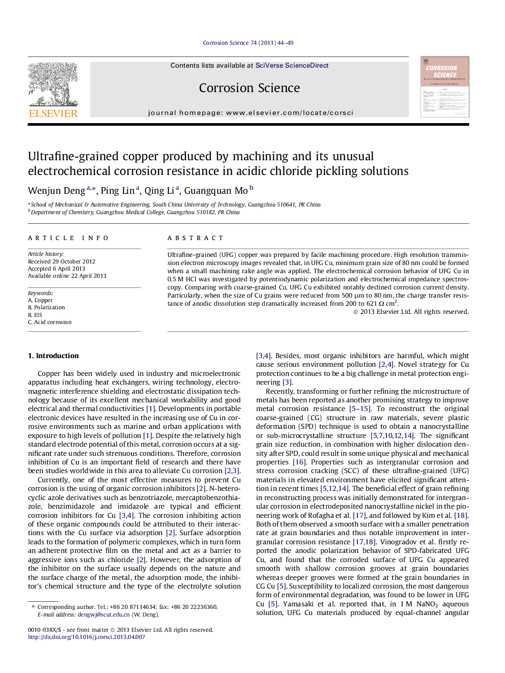 Ultrafine-grained copper produced by machining and its unusual electrochemical corrosion resistance in acidic chloride pickling solutions