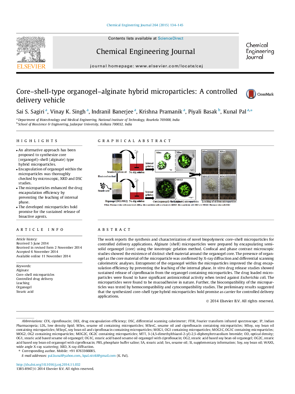 Core–shell-type organogel–alginate hybrid microparticles: A controlled delivery vehicle