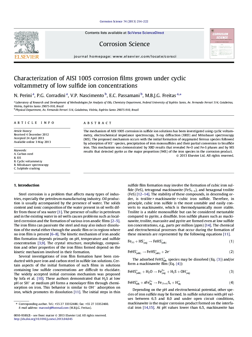 عکس صفحه اول مقاله: Characterization of AISI 1005 corrosion films grown under cyclic voltammetry of low sulfide ion concentrations Characterization of AISI 1005 corrosion films grown under cyclic voltammetry of low sulfide ion concentrations