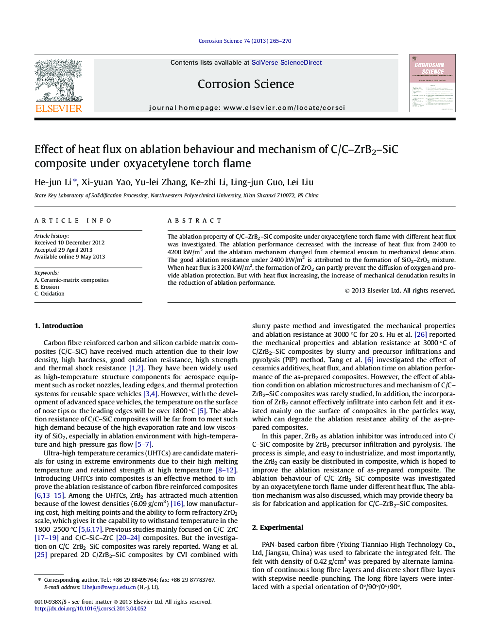 Effect of heat flux on ablation behaviour and mechanism of C/C–ZrB2–SiC composite under oxyacetylene torch flame