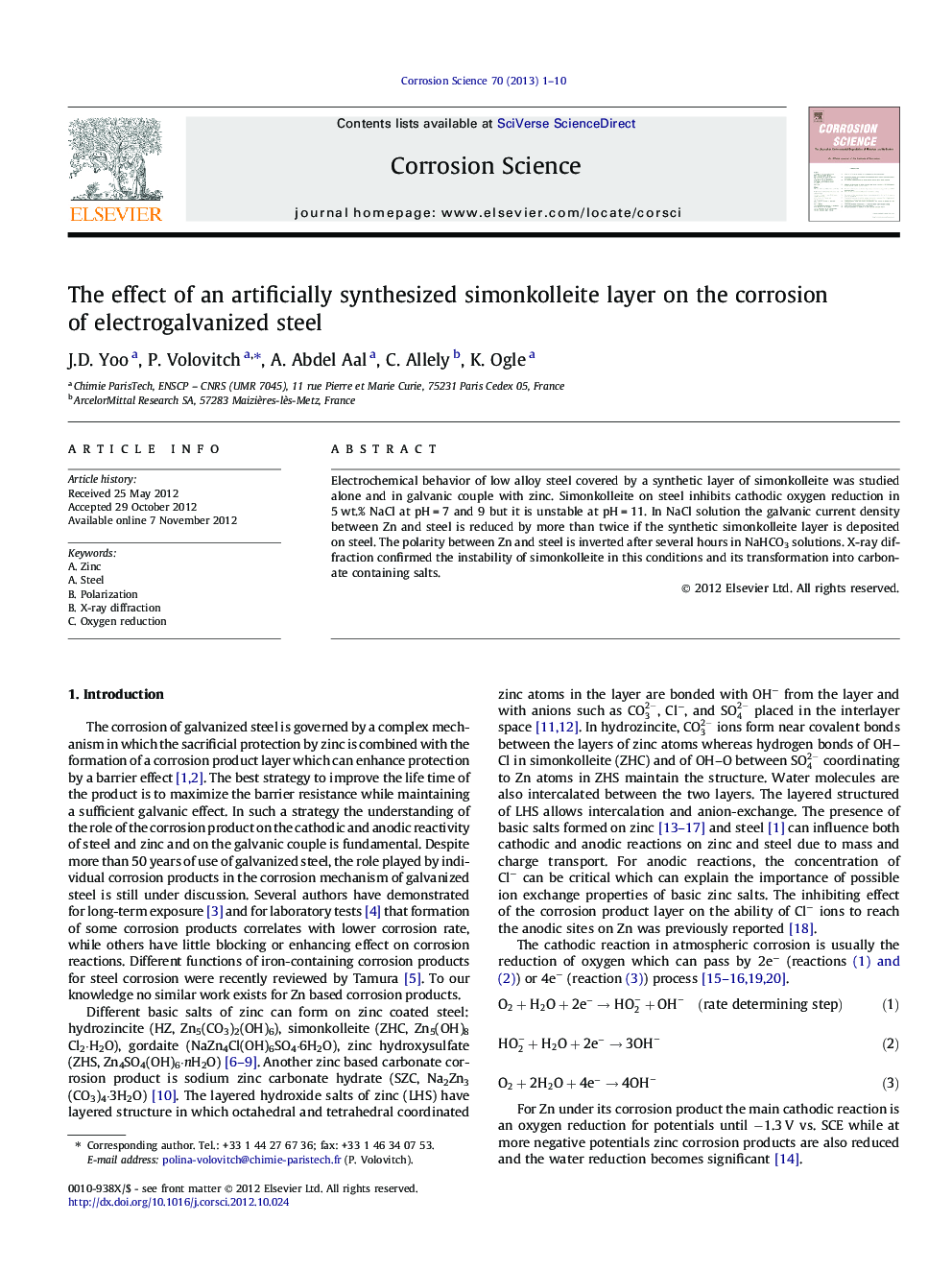 The effect of an artificially synthesized simonkolleite layer on the corrosion of electrogalvanized steel