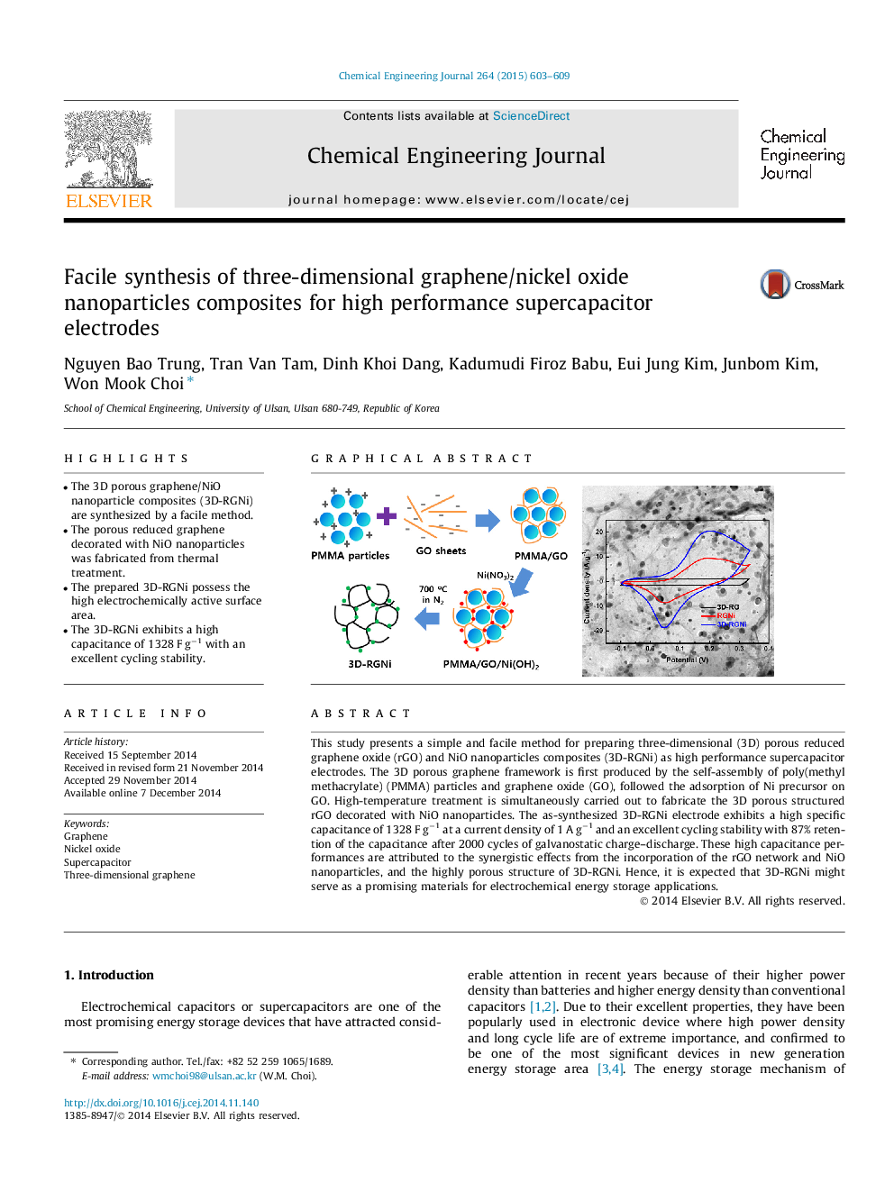 Facile synthesis of three-dimensional graphene/nickel oxide nanoparticles composites for high performance supercapacitor electrodes