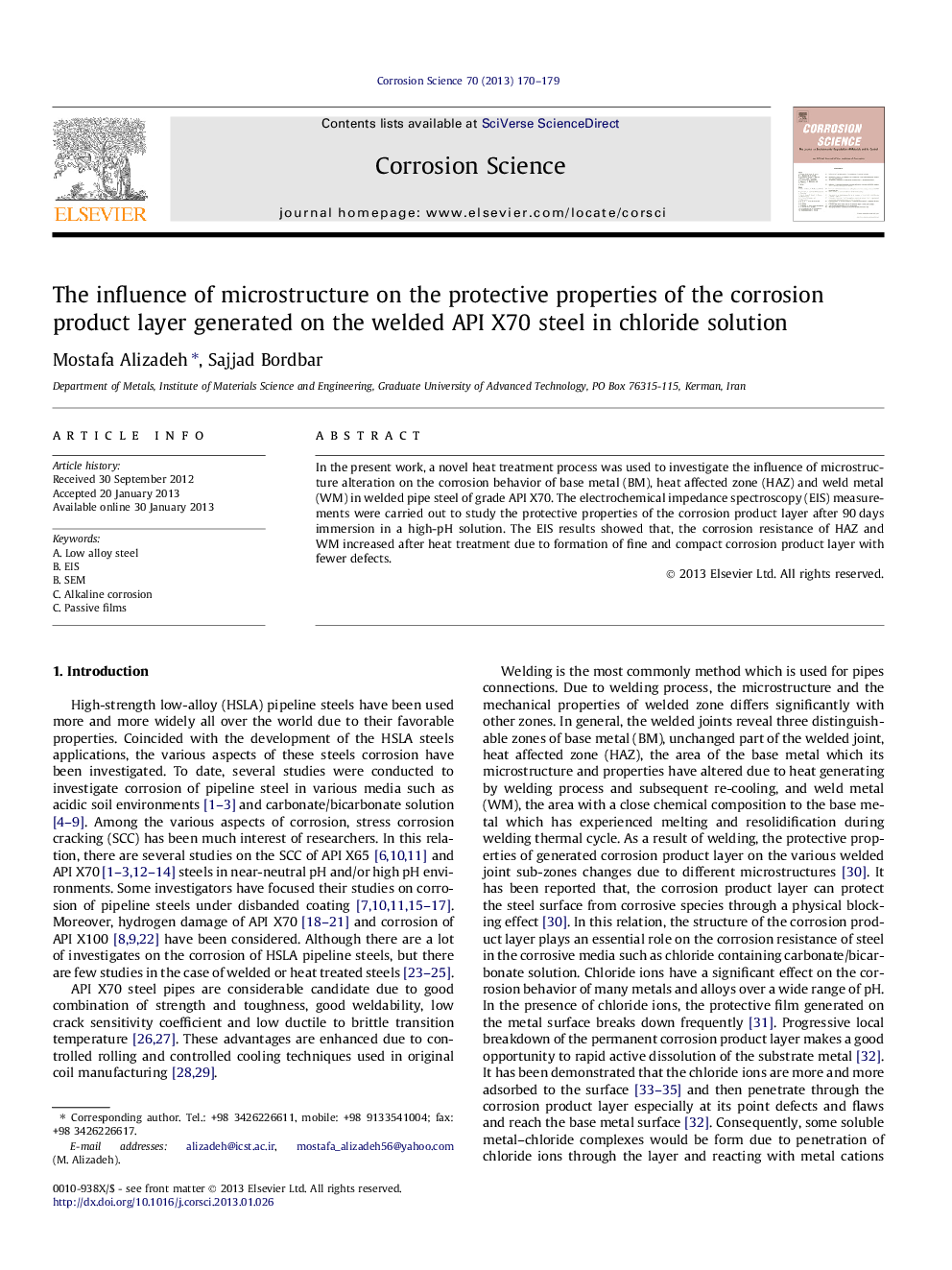 The influence of microstructure on the protective properties of the corrosion product layer generated on the welded API X70 steel in chloride solution