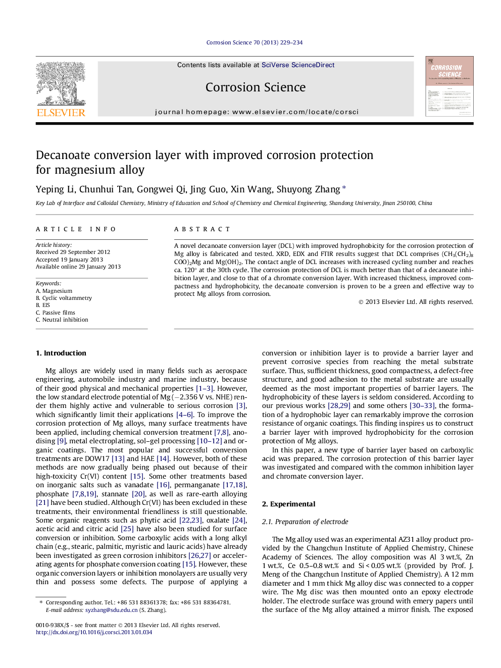 Decanoate conversion layer with improved corrosion protection for magnesium alloy