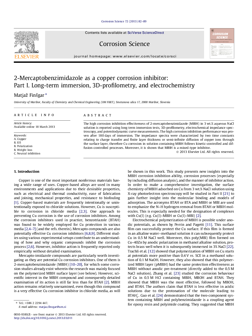 2-Mercaptobenzimidazole as a copper corrosion inhibitor: Part I. Long-term immersion, 3D-profilometry, and electrochemistry