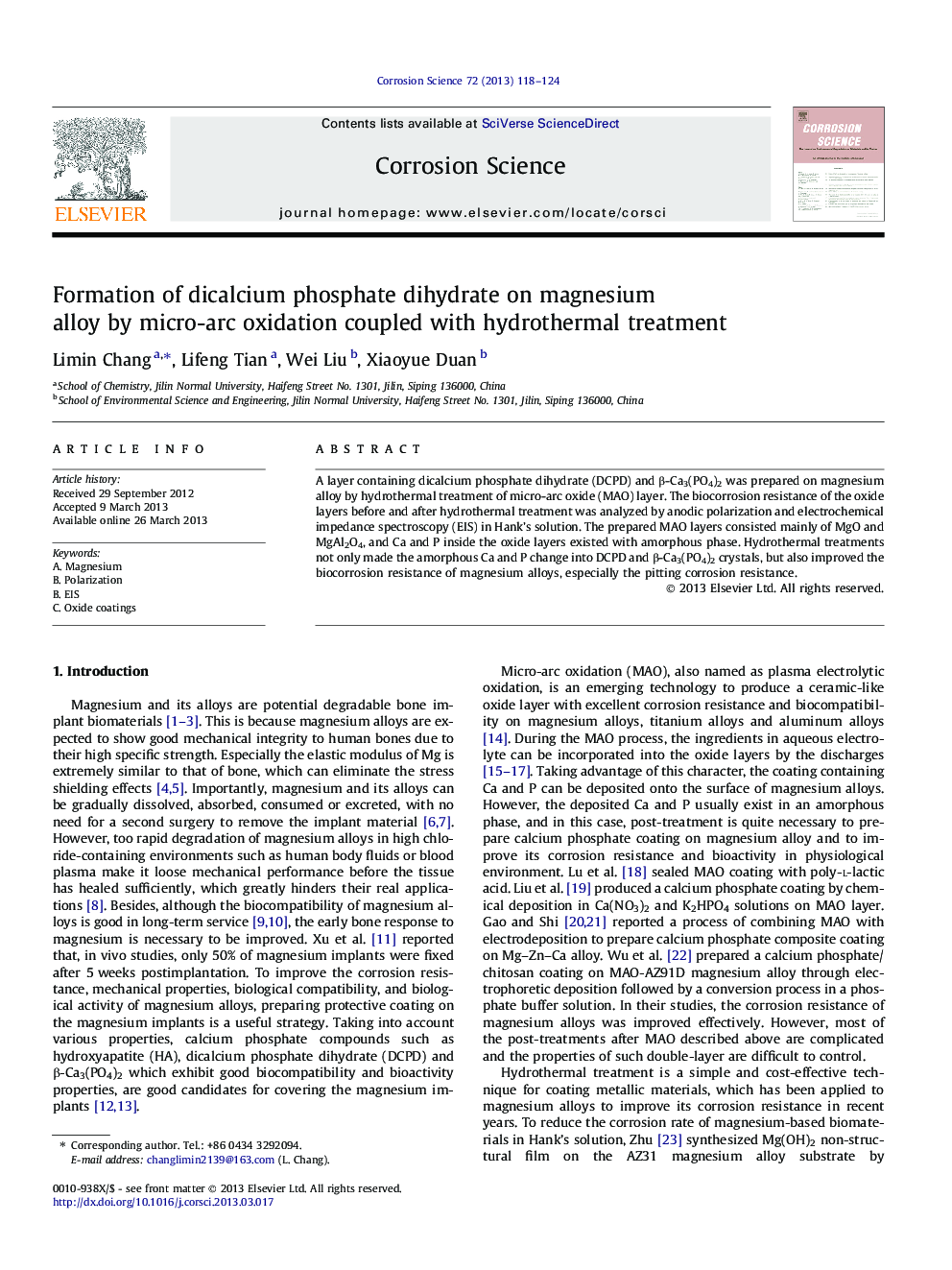 Formation of dicalcium phosphate dihydrate on magnesium alloy by micro-arc oxidation coupled with hydrothermal treatment