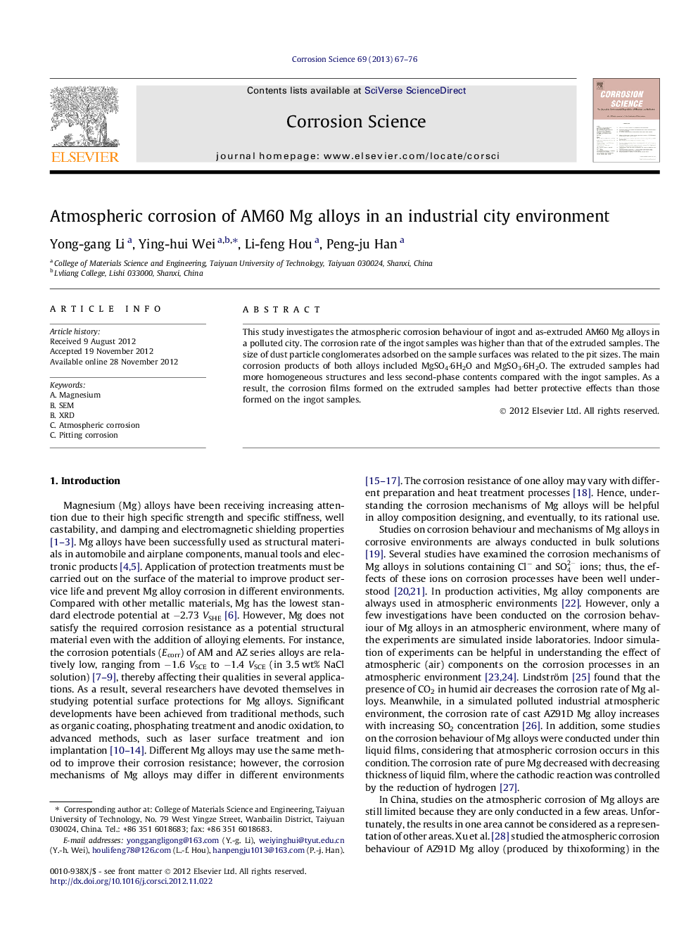 Atmospheric corrosion of AM60 Mg alloys in an industrial city environment