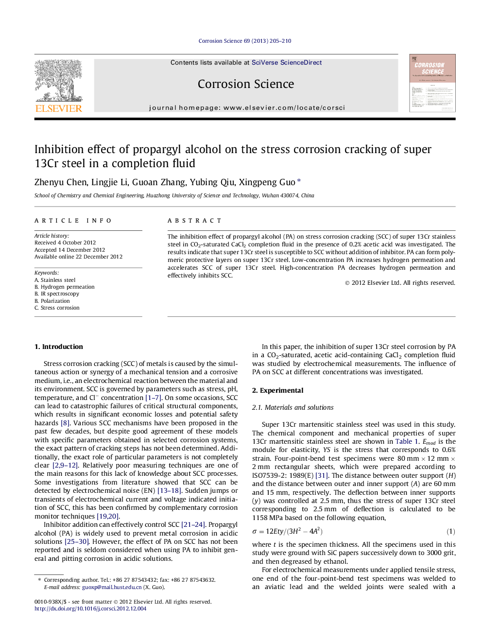 Inhibition effect of propargyl alcohol on the stress corrosion cracking of super 13Cr steel in a completion fluid