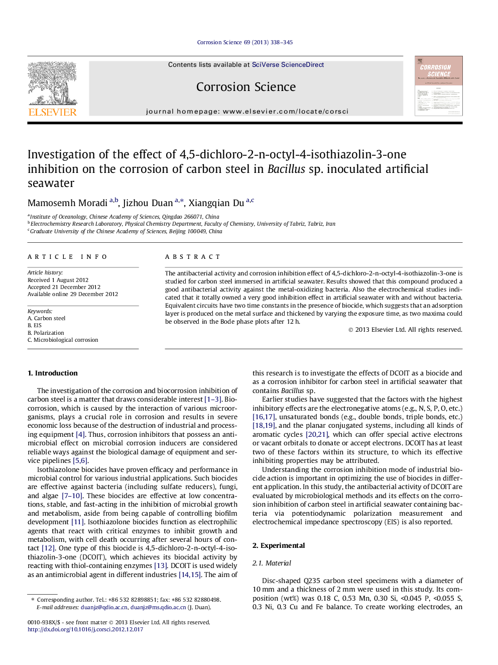 Investigation of the effect of 4,5-dichloro-2-n-octyl-4-isothiazolin-3-one inhibition on the corrosion of carbon steel in Bacillus sp. inoculated artificial seawater