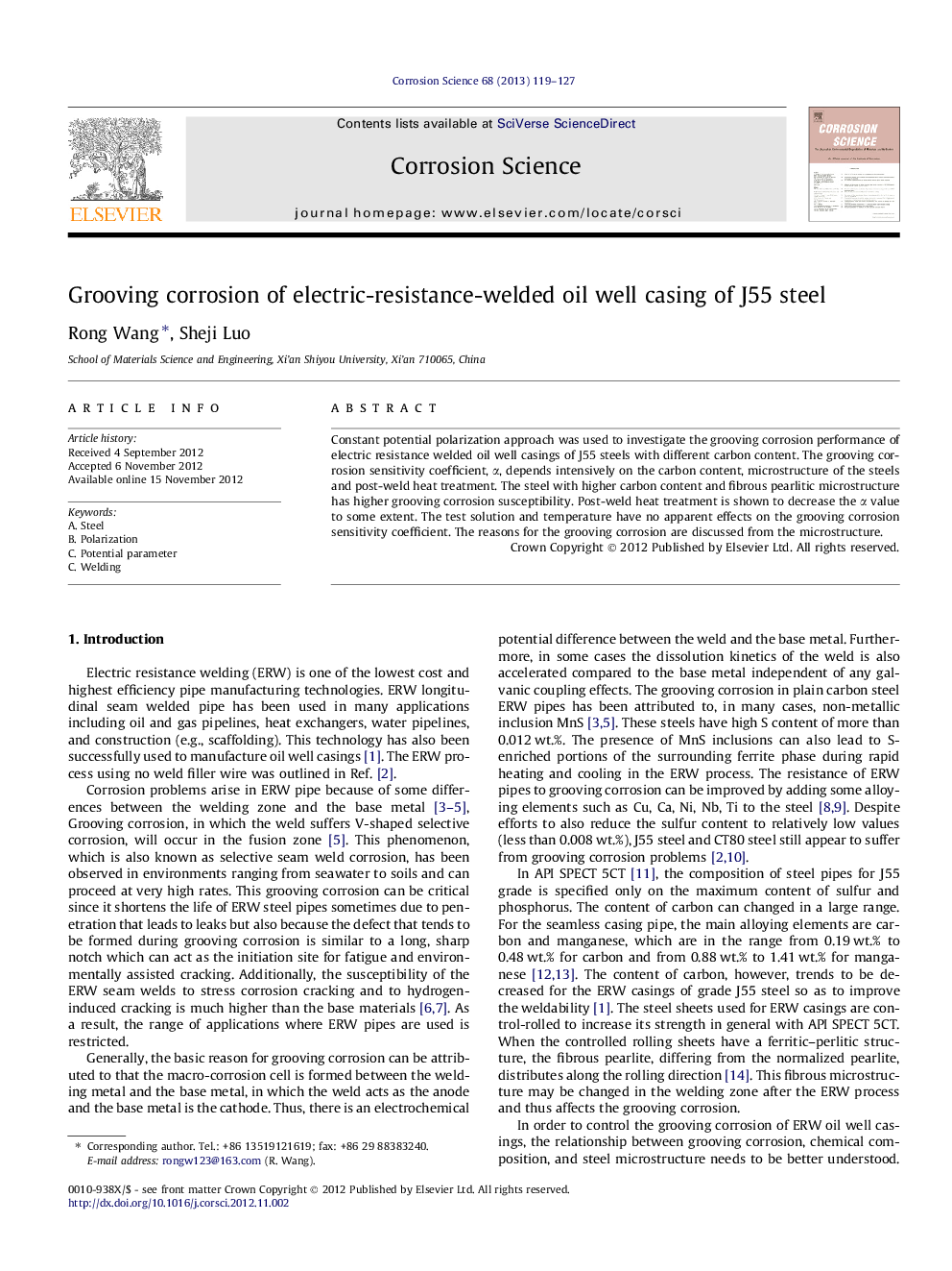 Grooving corrosion of electric-resistance-welded oil well casing of J55 steel