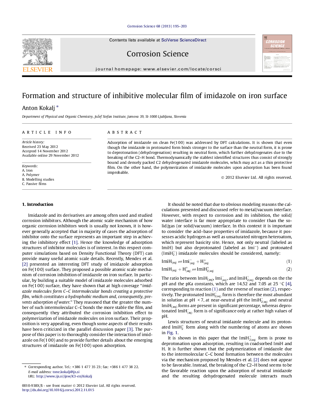 Formation and structure of inhibitive molecular film of imidazole on iron surface