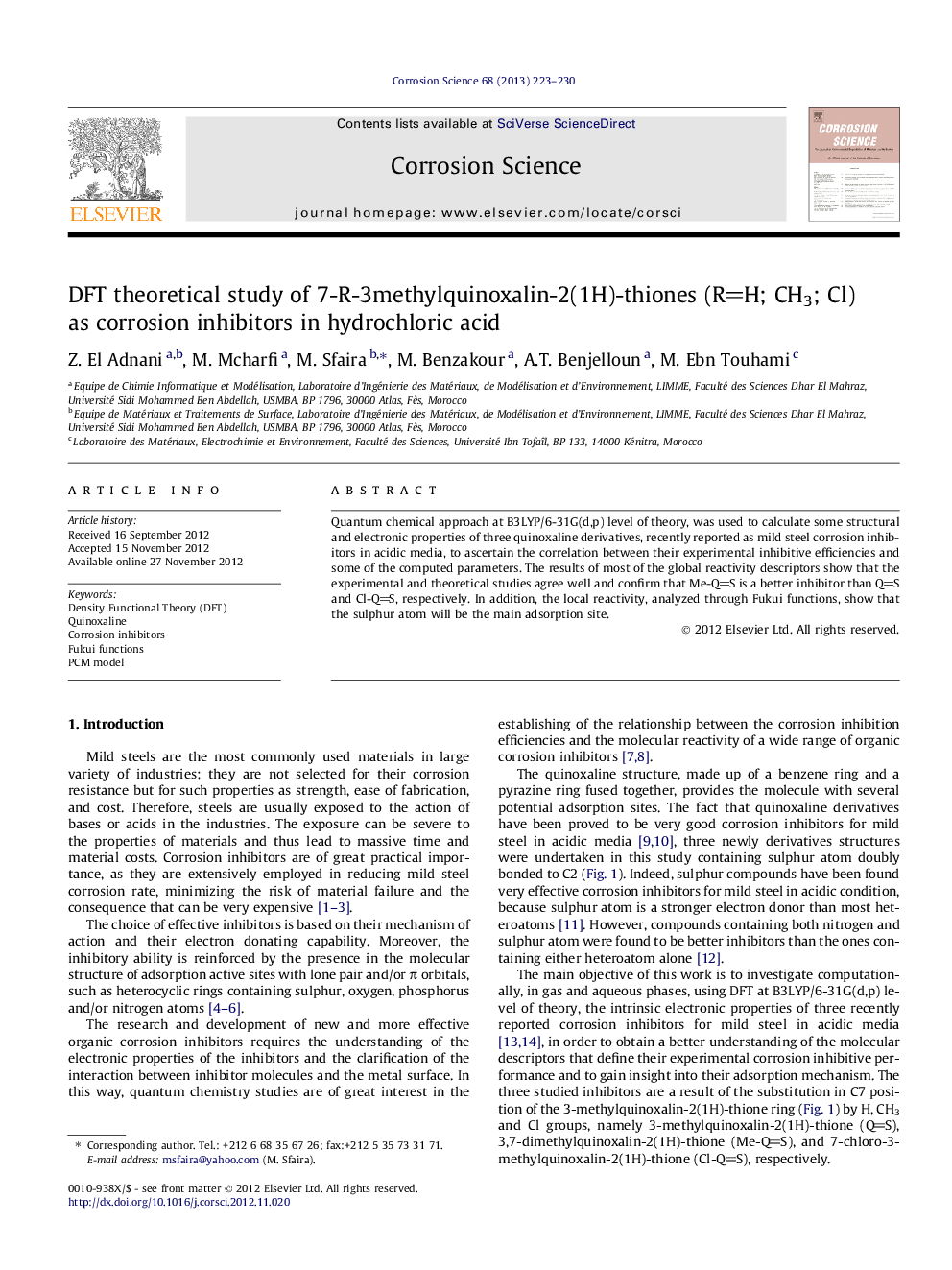 DFT theoretical study of 7-R-3methylquinoxalin-2(1H)-thiones (RH; CH3; Cl) as corrosion inhibitors in hydrochloric acid