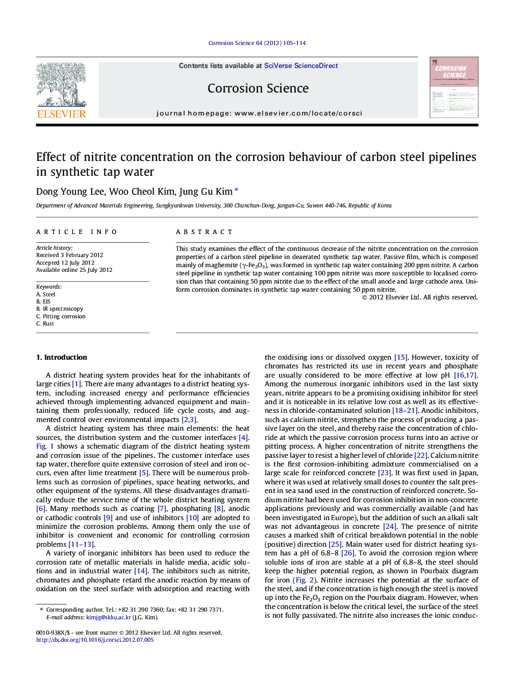 Effect of nitrite concentration on the corrosion behaviour of carbon steel pipelines in synthetic tap water