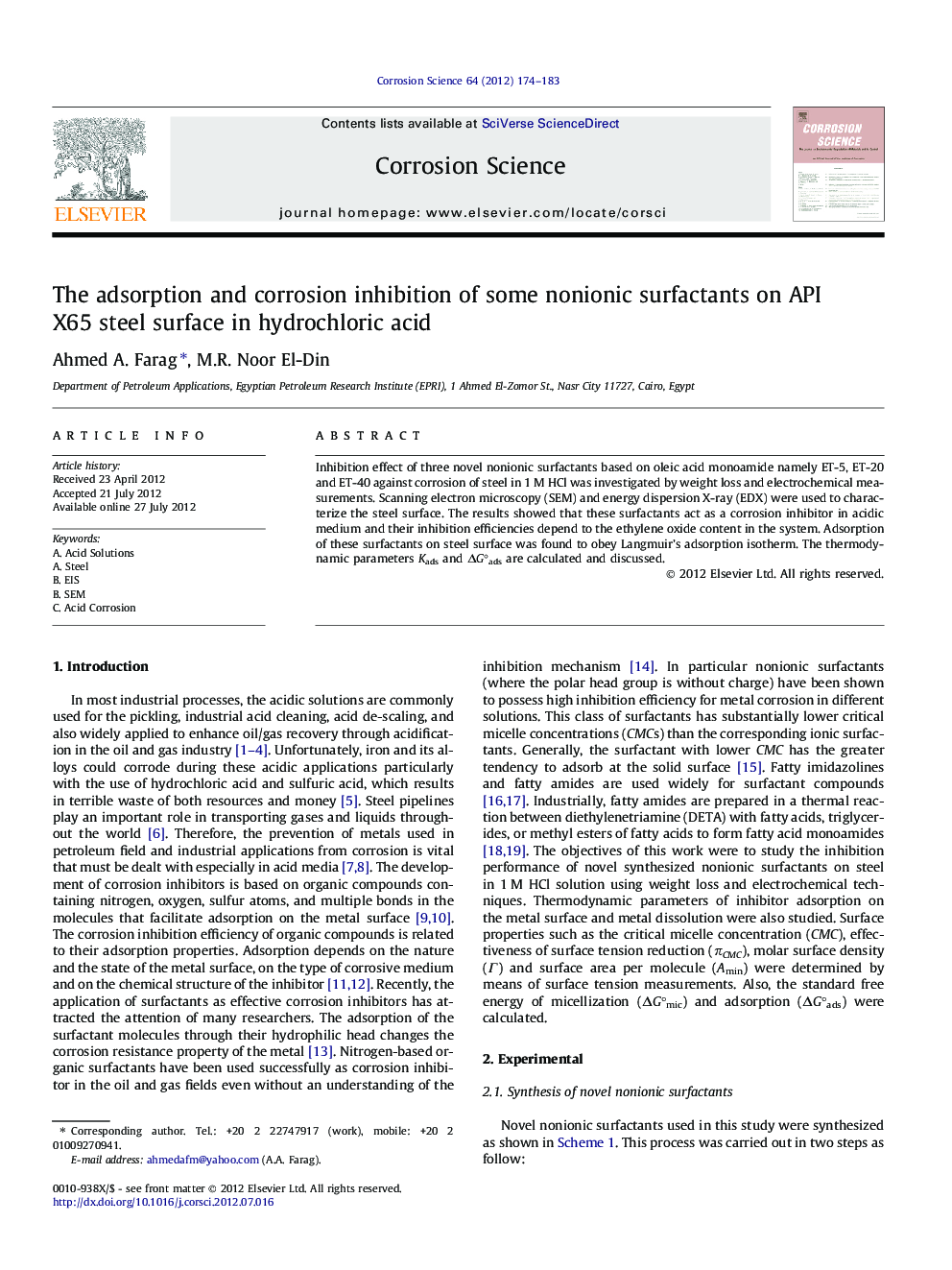 The adsorption and corrosion inhibition of some nonionic surfactants on API X65 steel surface in hydrochloric acid