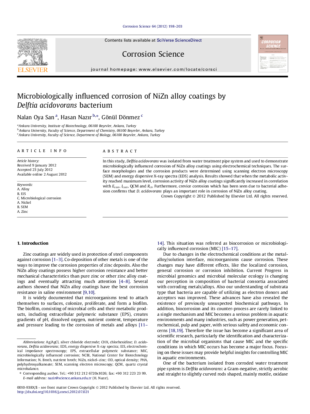 Microbiologically influenced corrosion of NiZn alloy coatings by Delftia acidovorans bacterium
