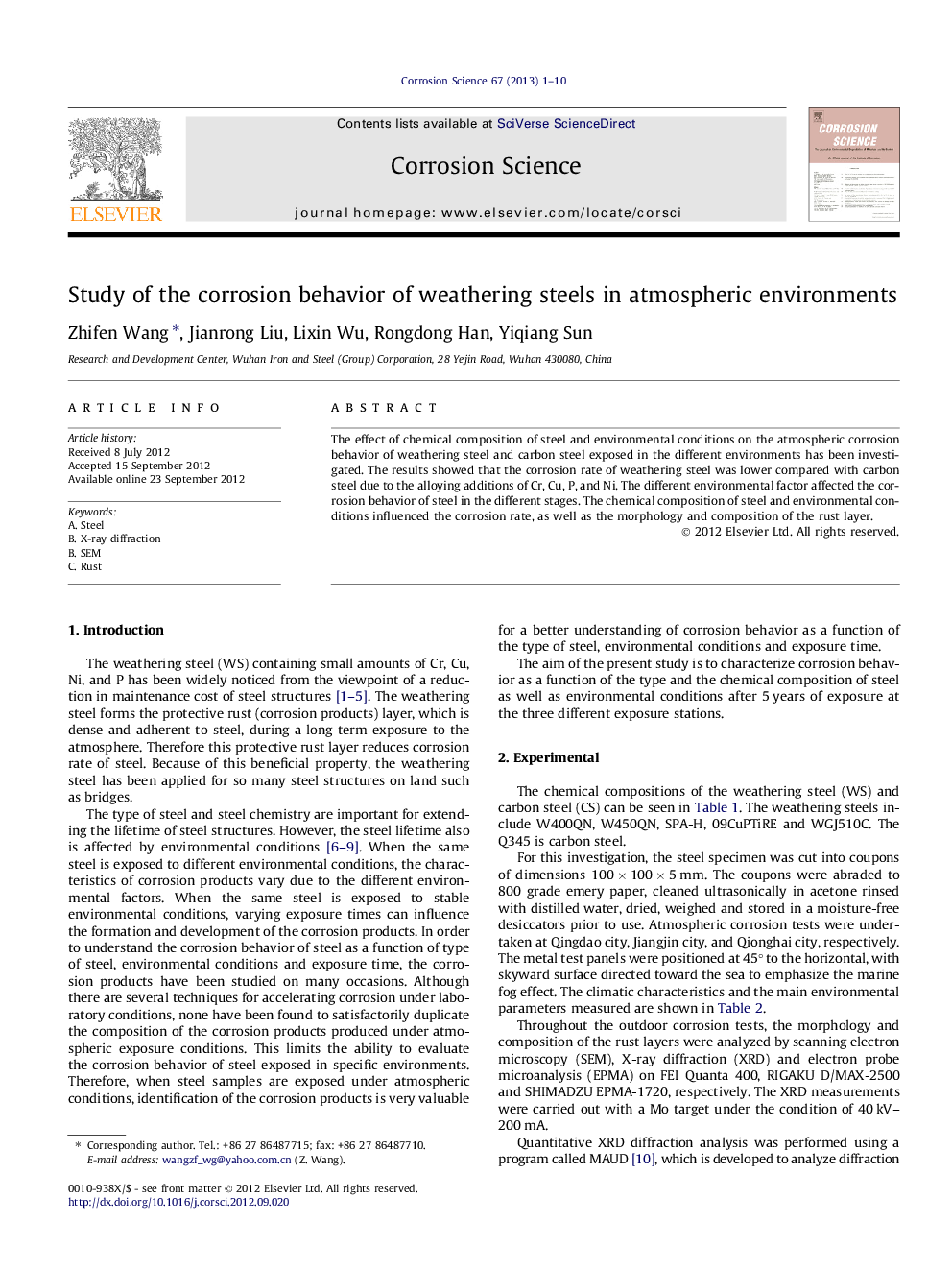 Study of the corrosion behavior of weathering steels in atmospheric environments