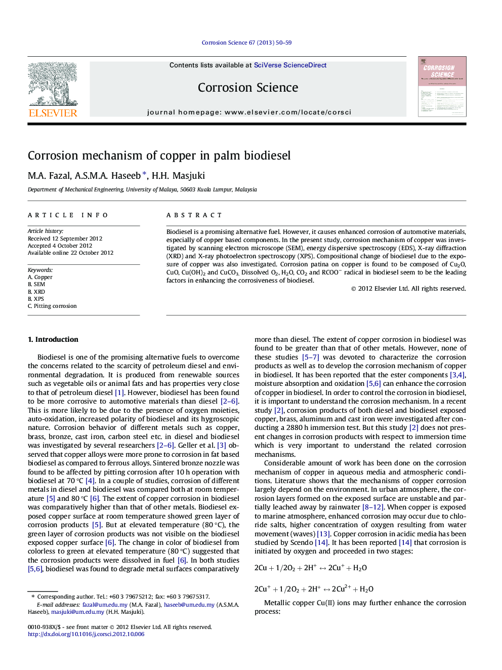 Corrosion mechanism of copper in palm biodiesel