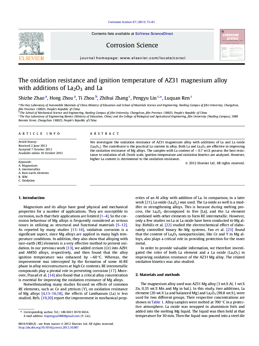 The oxidation resistance and ignition temperature of AZ31 magnesium alloy with additions of La2O3 and La