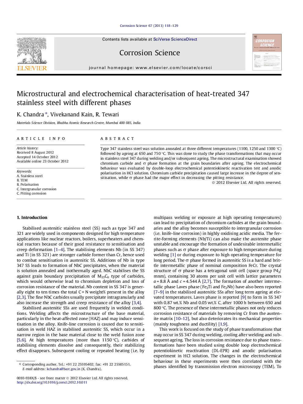 Microstructural and electrochemical characterisation of heat-treated 347 stainless steel with different phases