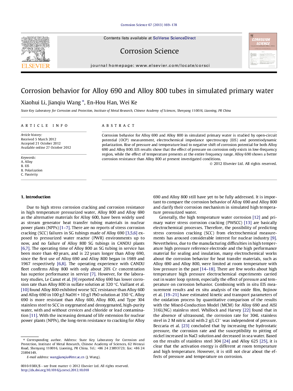 Corrosion behavior for Alloy 690 and Alloy 800 tubes in simulated primary water