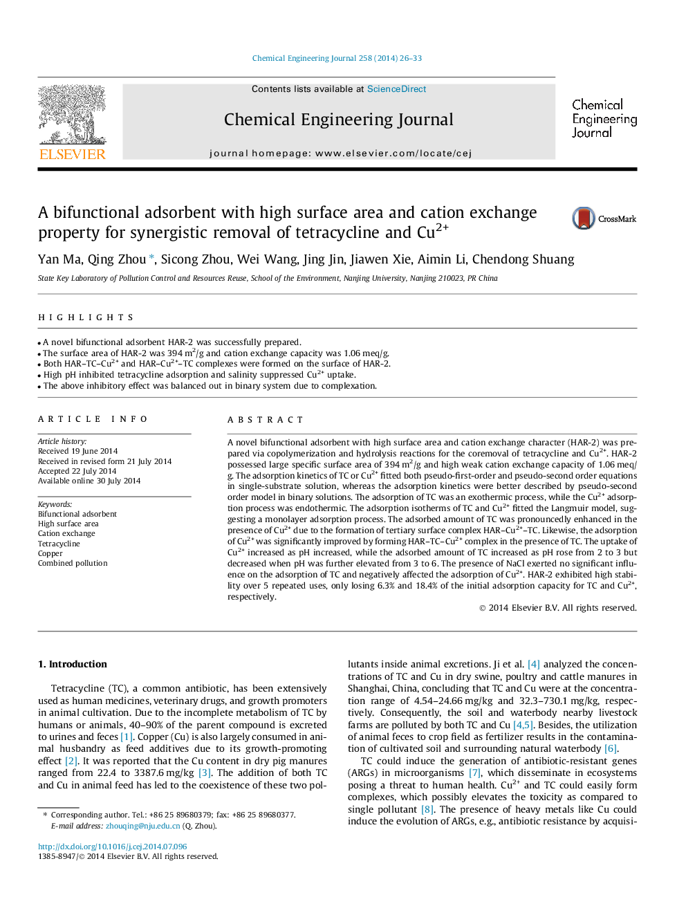 A bifunctional adsorbent with high surface area and cation exchange property for synergistic removal of tetracycline and Cu2+