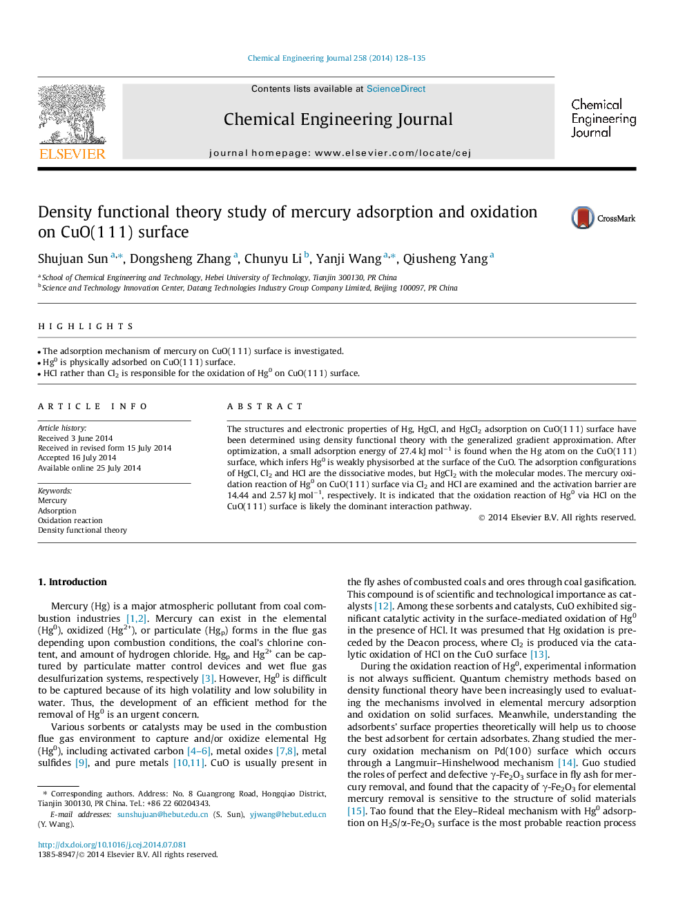 عکس صفحه اول مقاله: Density functional theory study of mercury adsorption and oxidation on CuO(1 1 1) surface Density functional theory study of mercury adsorption and oxidation on CuO(1 1 1) surface