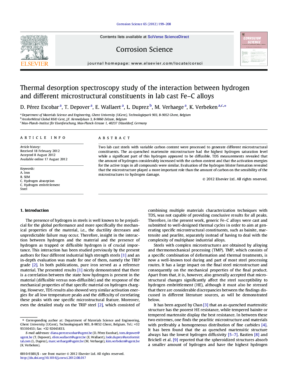 Thermal desorption spectroscopy study of the interaction between hydrogen and different microstructural constituents in lab cast Fe–C alloys