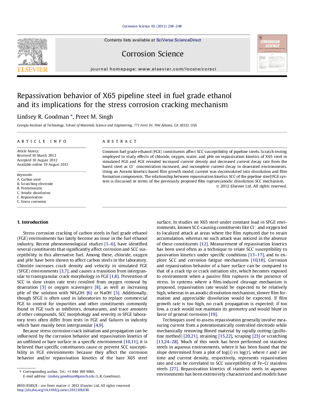 Repassivation behavior of X65 pipeline steel in fuel grade ethanol and its implications for the stress corrosion cracking mechanism