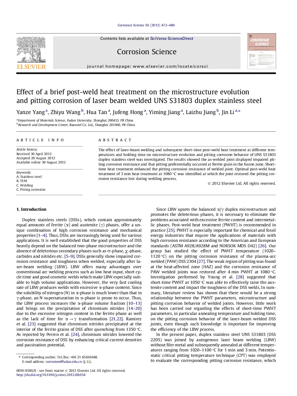 Effect of a brief post-weld heat treatment on the microstructure evolution and pitting corrosion of laser beam welded UNS S31803 duplex stainless steel