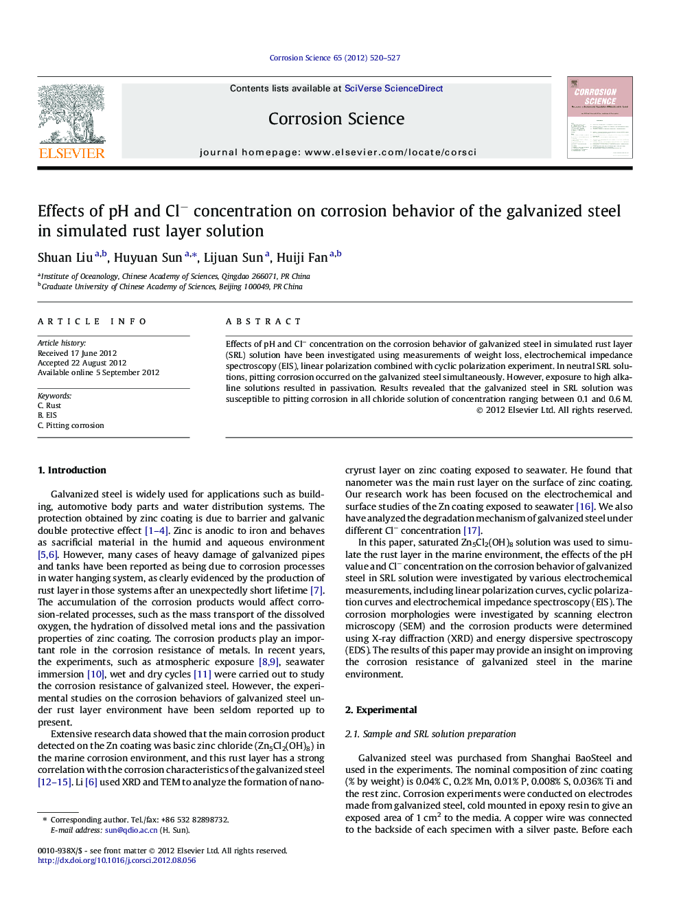 Effects of pH and Cl− concentration on corrosion behavior of the galvanized steel in simulated rust layer solution