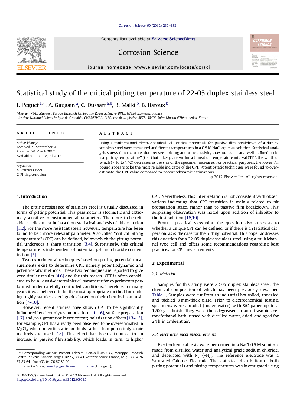 Statistical study of the critical pitting temperature of 22-05 duplex stainless steel