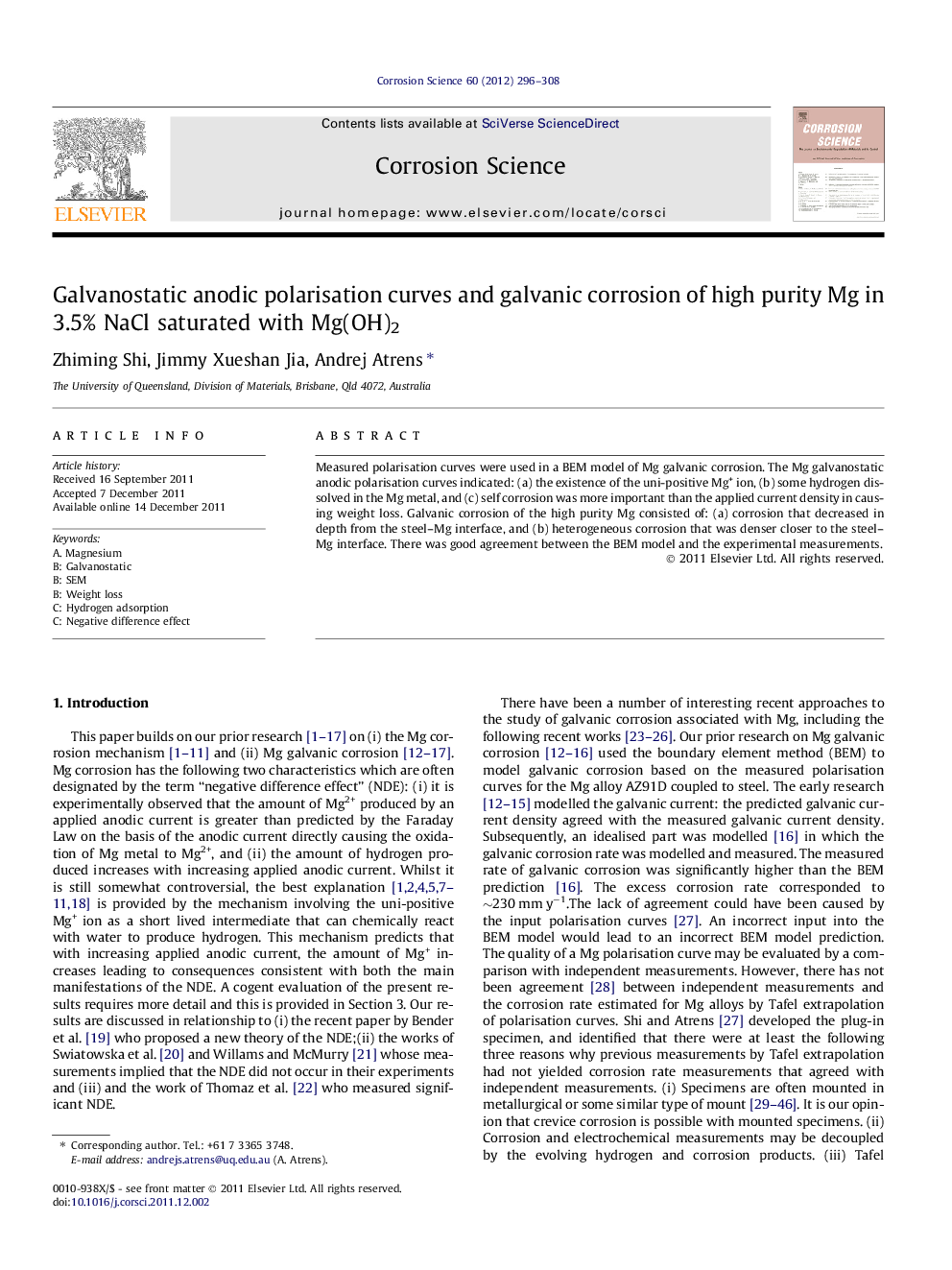 Galvanostatic anodic polarisation curves and galvanic corrosion of high purity Mg in 3.5% NaCl saturated with Mg(OH)2