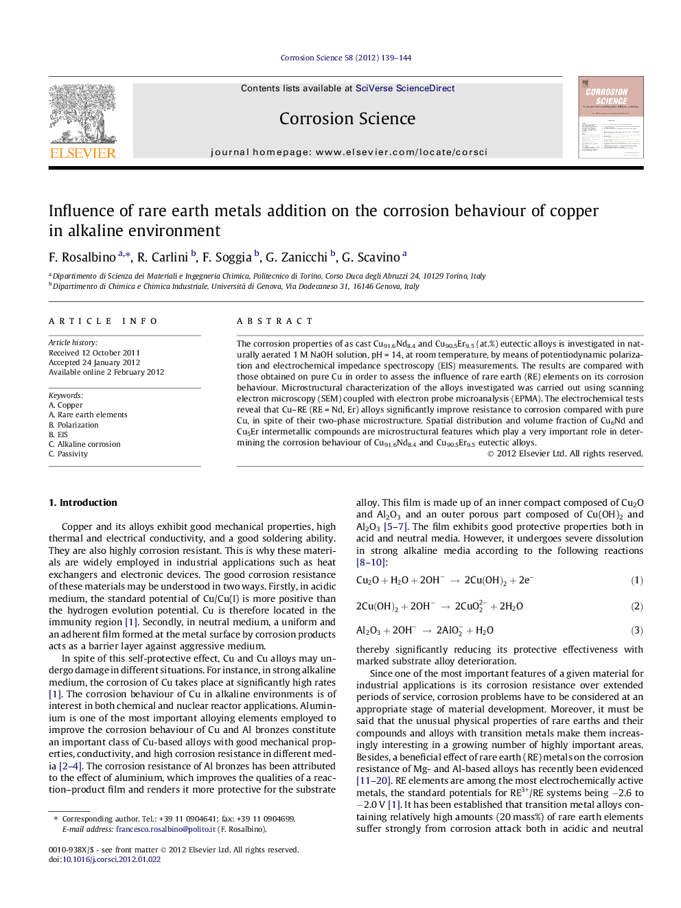 Influence of rare earth metals addition on the corrosion behaviour of copper in alkaline environment