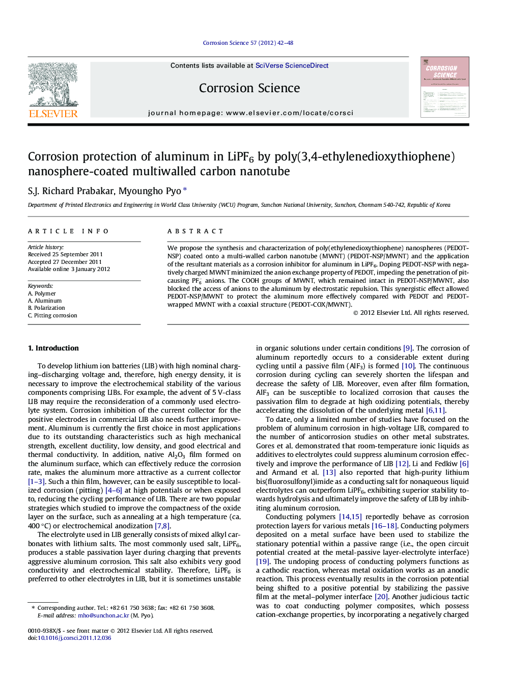 Corrosion protection of aluminum in LiPF6 by poly(3,4-ethylenedioxythiophene) nanosphere-coated multiwalled carbon nanotube