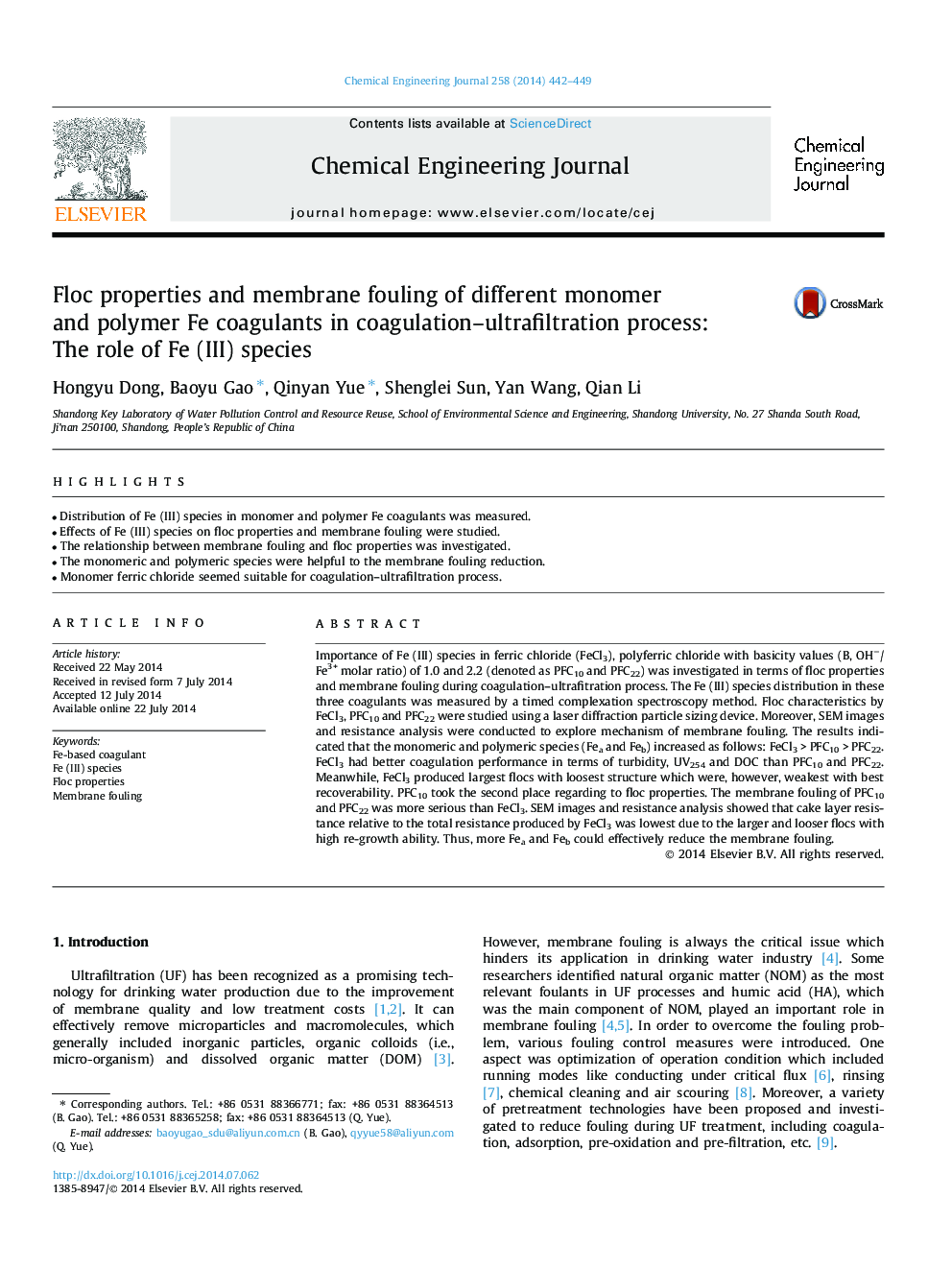 Floc properties and membrane fouling of different monomer and polymer Fe coagulants in coagulation–ultrafiltration process: The role of Fe (III) species