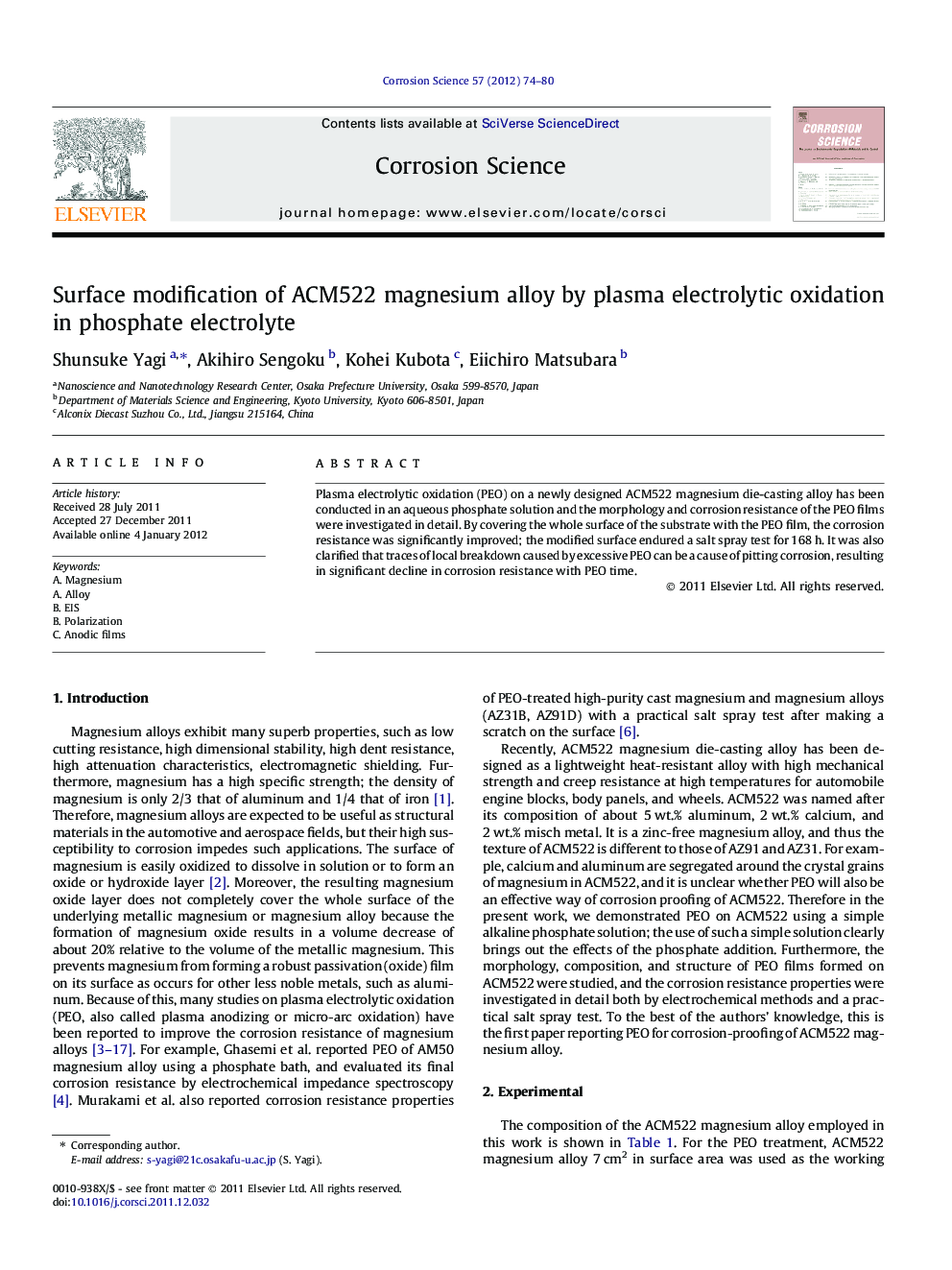 Surface modification of ACM522 magnesium alloy by plasma electrolytic oxidation in phosphate electrolyte