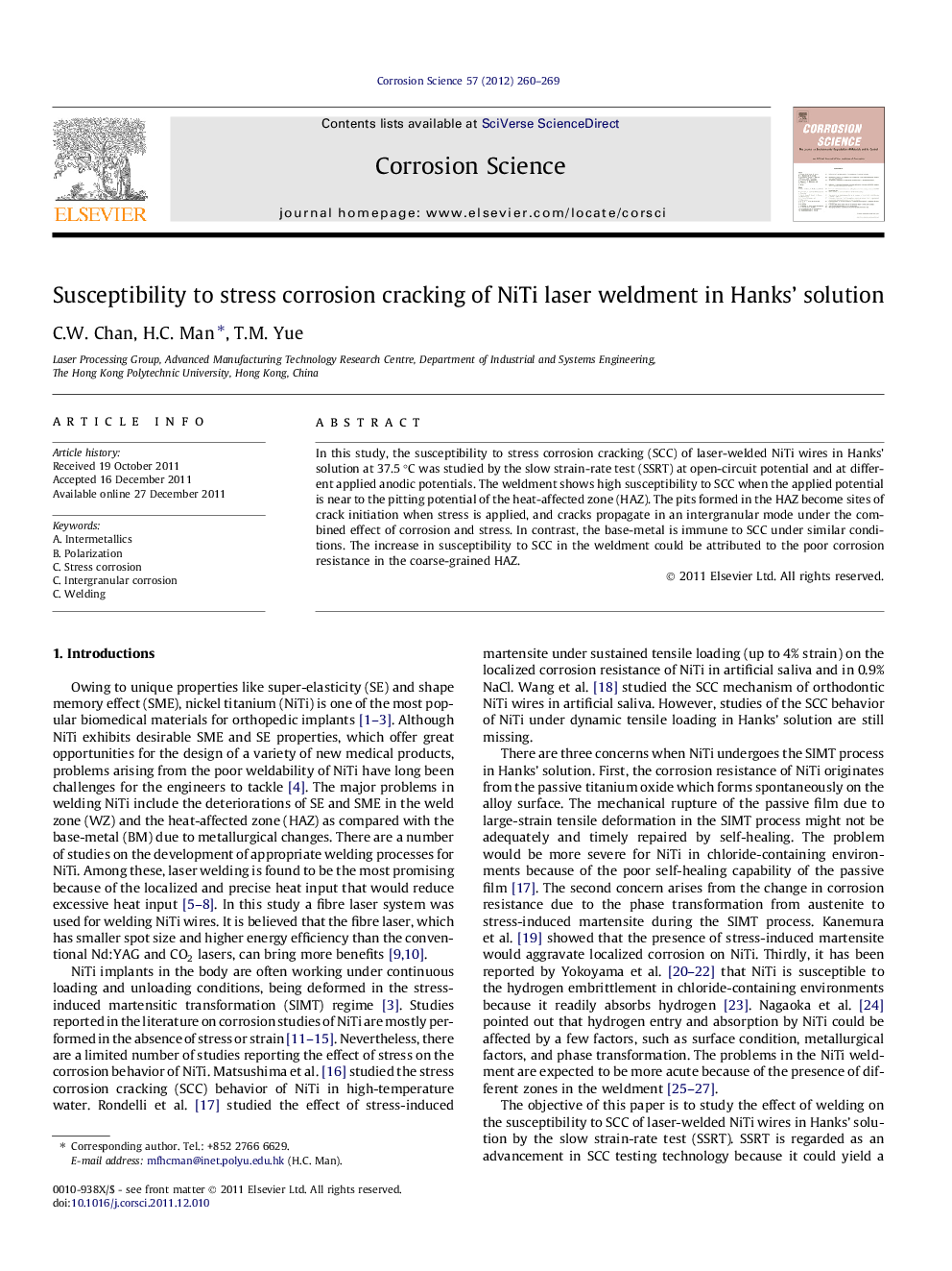 Susceptibility to stress corrosion cracking of NiTi laser weldment in Hanks’ solution