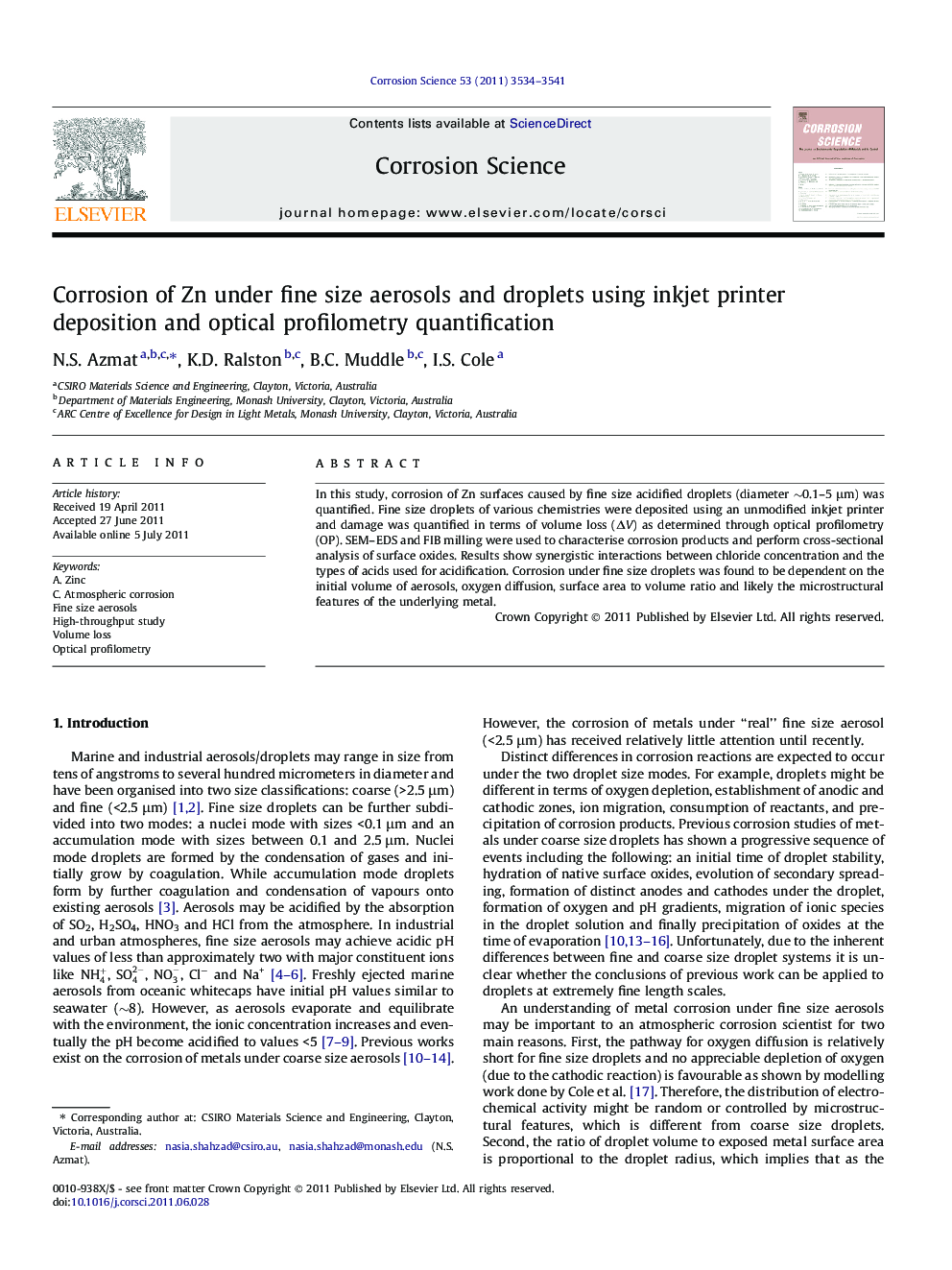 Corrosion of Zn under fine size aerosols and droplets using inkjet printer deposition and optical profilometry quantification