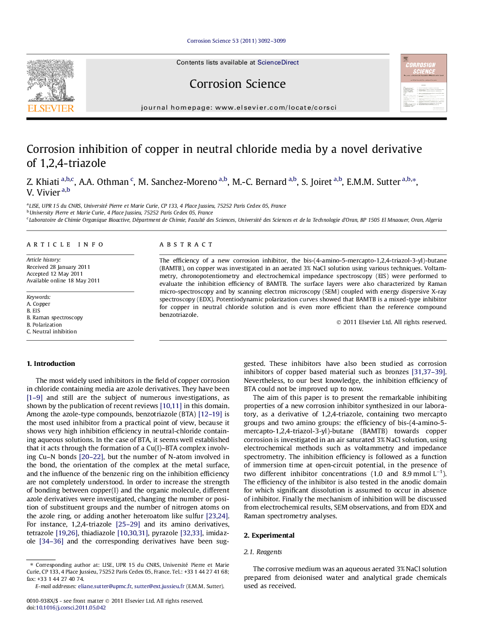 Corrosion inhibition of copper in neutral chloride media by a novel derivative of 1,2,4-triazole