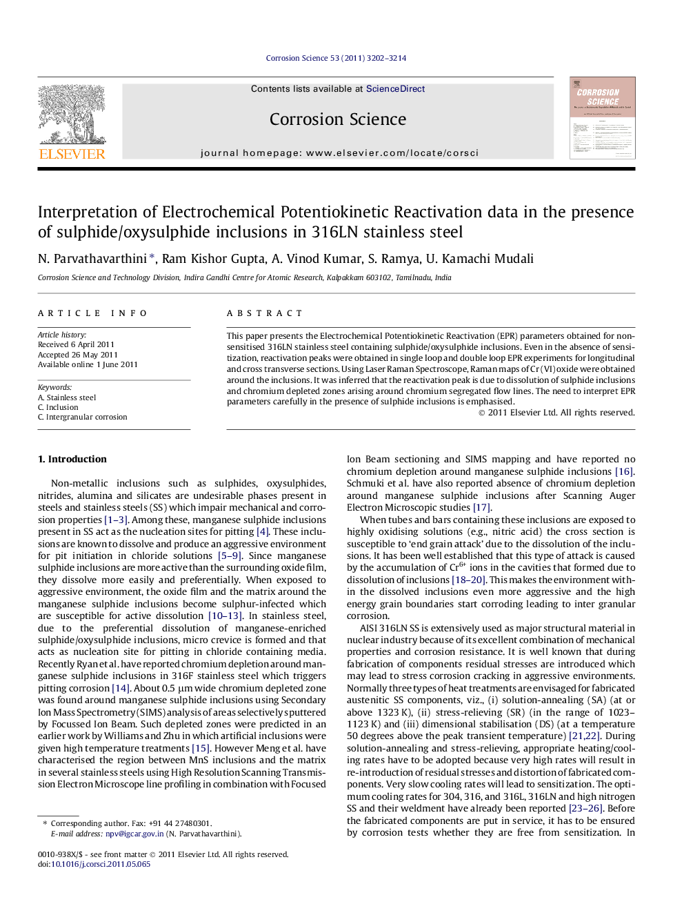 Interpretation of Electrochemical Potentiokinetic Reactivation data in the presence of sulphide/oxysulphide inclusions in 316LN stainless steel