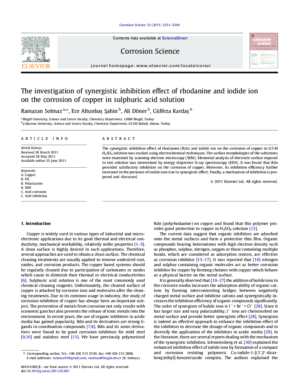 The investigation of synergistic inhibition effect of rhodanine and iodide ion on the corrosion of copper in sulphuric acid solution