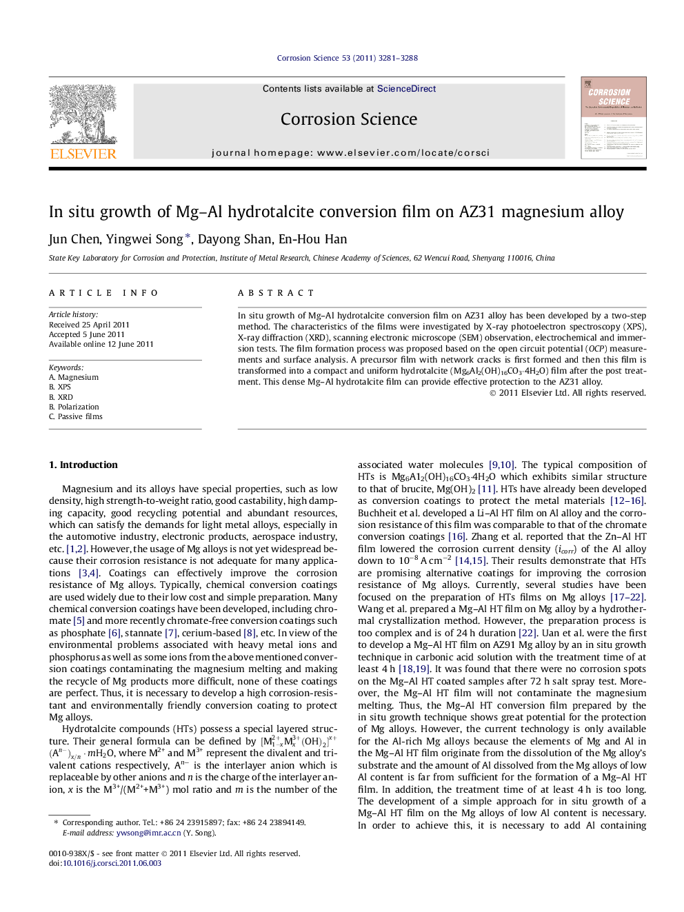 In situ growth of Mg–Al hydrotalcite conversion film on AZ31 magnesium alloy